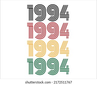 Year 1994 retro font. Vector with year for birthday in black, red, orange and green.