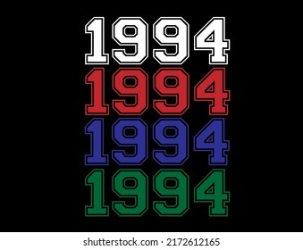 Year 1994 school font, numeral in white, red, blue and green in background black.