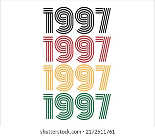 Year 1997 retro font. Vector with year for birthday in black, red, orange and green.