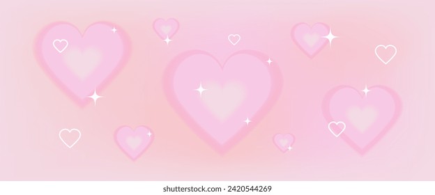 Year 2000 gradient background template with cute pink hearts. Fashionable 3D Valentine's Day design in y2k aesthetics. Pale pink yellow colors. Vector illustration.