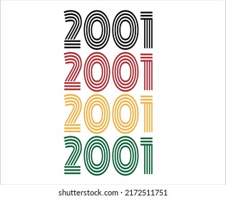 Year 2001 retro font. Vector with year for birthday in black, red, orange and green.
