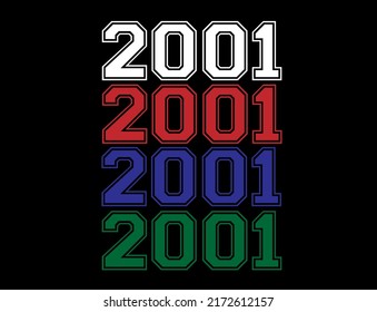 Year 2001 school font, numeral in white, red, blue and green in background black.