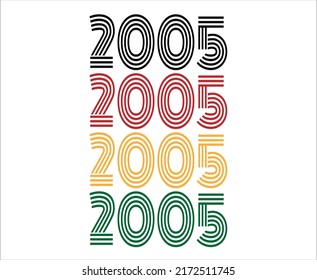 Year 2005 retro font. Vector with year for birthday in black, red, orange and green.