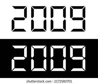 Fuente de números digitales en blanco y negro de año 2009.