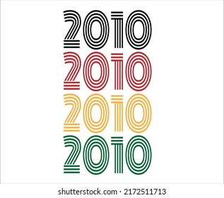 Year 2010 retro font. Vector with year for birthday in black, red, orange and green.