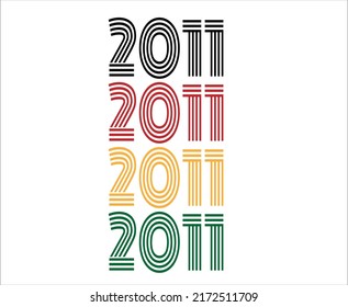 Year 2011 retro font. Vector with year for birthday in black, red, orange and green.