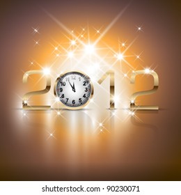 Year 2012 with clock and lights in gold