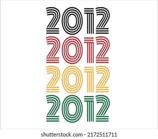 Year 2012 retro font. Vector with year for birthday in black, red, orange and green.
