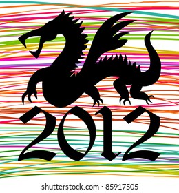 year 2012 sign with dragon symbol and multicolor lines in the background