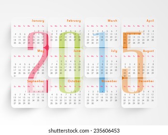 Year 2015 calendar design with beautiful text on white background.