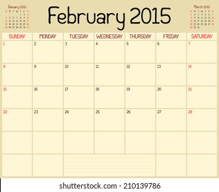 Year 2015 February Planner - A monthly planner calendar for February 2015. A custom handwritten style is used.