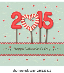 year 2015 and heart sweet candy with frame and ribbon on hearts background. vector.