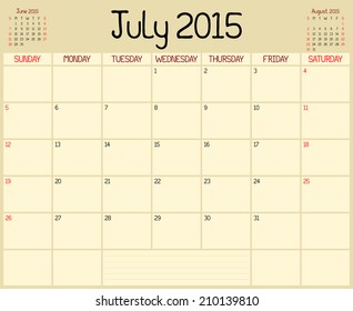 Year 2015 July Planner - A monthly planner calendar for July 2015. A custom handwritten style is used.