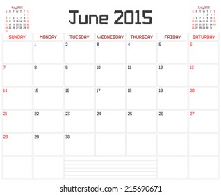 Year 2015 June Planner - A monthly planner calendar for June 2015 on white. A square pixel style is used.