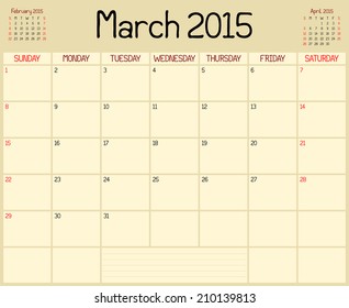 Year 2015 March Planner - A monthly planner calendar for March 2015. A custom handwritten style is used.