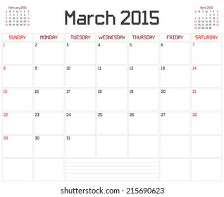 Year 2015 March Planner - A monthly planner calendar for March 2015 on white. A square pixel style is used.