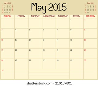 Year 2015 May Planner - A monthly planner calendar for May 2015. A custom handwritten style is used.