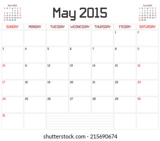 Year 2015 May Planner - A monthly planner calendar for May 2015 on white. A square pixel style is used.