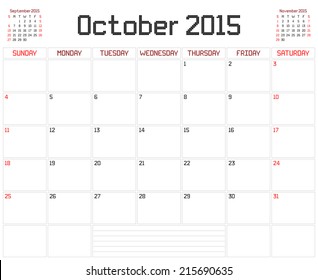 Year 2015 October Planner - A monthly planner calendar for October 2015 on white. A square pixel style is used.