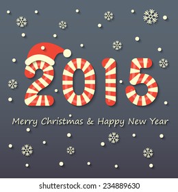 Year 2015 sign in red and white Christmas sweet style with red hat on snow and snowflakes background. vector.