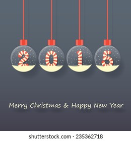 year 2015 sign in red and white Christmas sweet style in snow globe hanging on dark background. vector.