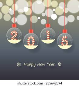year 2015 sign in red and white Christmas sweet style in snow globe hanging on glowing blurry dark background. vector.
