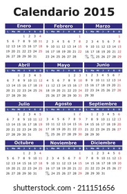 year 2015 vector calendar in Spanish. Easy for edit and apply. Calendario aÃ?Â±o 2015