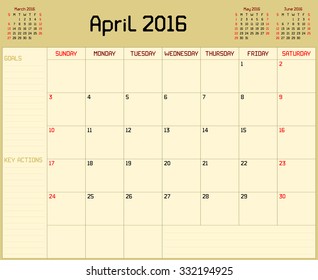 Year 2016 April planner - A monthly planner calendar for April 2016 on yellow background. A custom straight lines thick font is used.