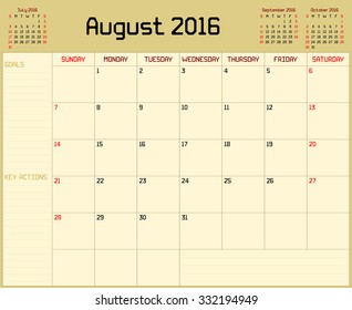 Year 2016 August planner - A monthly planner calendar for August 2016 on yellow background. A custom straight lines thick font is used.