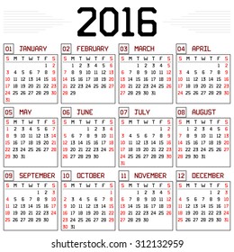 Year 2016 Calendar - A monthly calendar for the year 2016 on white. A custom straight lines thick font is used.