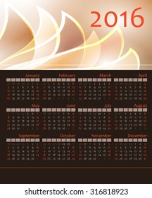 Year 2016 calendar template, week starts sunday