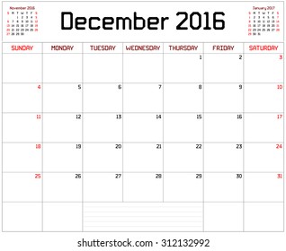 Year 2016 December Planner - A monthly planner calendar for December 2016 on white. A custom straight lines thick font is used.