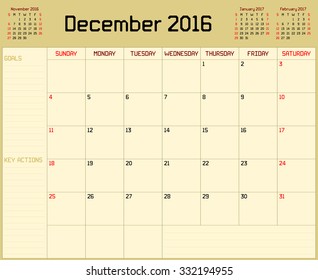 Year 2016 December planner - A monthly planner calendar for December 2016 on yellow background. A custom straight lines thick font is used.