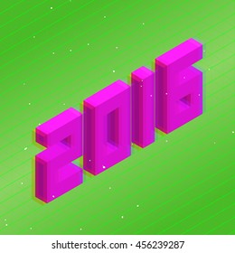 Year 2016 isometric old style vector illustration. 3d glasses effect. Color number, green background and white particles eps 10