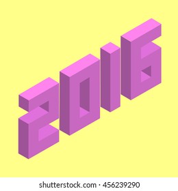Year 2016 isometric old style vector illustration. Color number, yellow background  eps 10