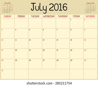 Year 2016 July Planner - A monthly planner calendar for July 2016. A custom handwritten style is used.