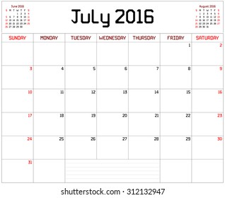 Year 2016 July Planner - A monthly planner calendar for July 2016 on white. A custom straight lines thick font is used.