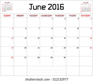 Year 2016 June Planner - A monthly planner calendar for June 2016 on white. A custom straight lines thick font is used.