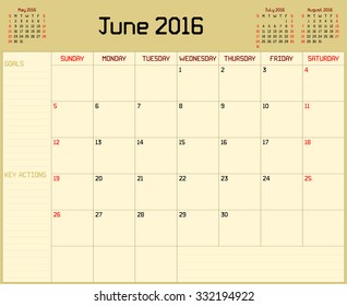 Year 2016 June planner - A monthly planner calendar for June 2016 on yellow background. A custom straight lines thick font is used.