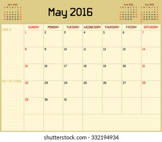 Year 2016 May planner - A monthly planner calendar for May 2016 on yellow background. A custom straight lines thick font is used.