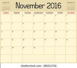 Year 2016 November Planner - A monthly planner calendar for November 2016. A custom handwritten style is used.