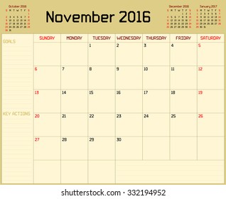 Year 2016 November planner - A monthly planner calendar for November 2016 on yellow background. A custom straight lines thick font is used.
