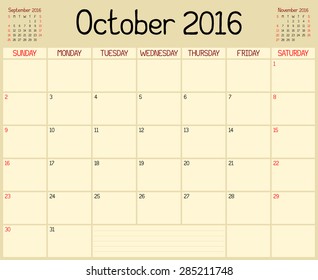 Year 2016 October Planner - A monthly planner calendar for October 2016. A custom handwritten style is used.