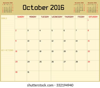 Year 2016 October planner - A monthly planner calendar for October 2016 on yellow background. A custom straight lines thick font is used.