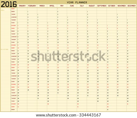 Year 2016 Planner - An annual planner calendar for the year 2016 on yellow background. A custom straight lines thick font is used.