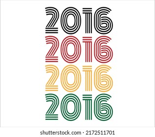 Year 2016 retro font. Vector with year for birthday in black, red, orange and green.