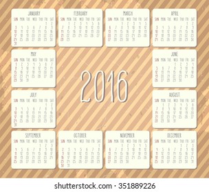 Year 2016 vector monthly calendar. Week starting from Sunday. Hand drawn words over textured splattered striped vintage brown background.