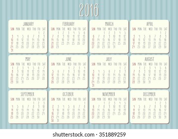 Year 2016 vector monthly calendar. Week starting from Sunday. Hand drawn text in beige frame over vintage blue striped background.