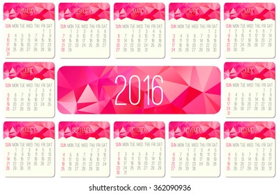 Year 2016 vector monthly calendar. Week starting from Sunday. Contemporary low poly design in pink color.