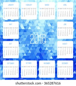Year 2016 vector monthly calendar. Week starting from Sunday. Contemporary low poly design in blue color.